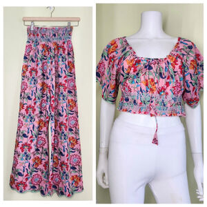 Cella & Flo 2Pc Set Floral Smocked Cropped Top Wide Leg Pants Size S/M Boho Luxe